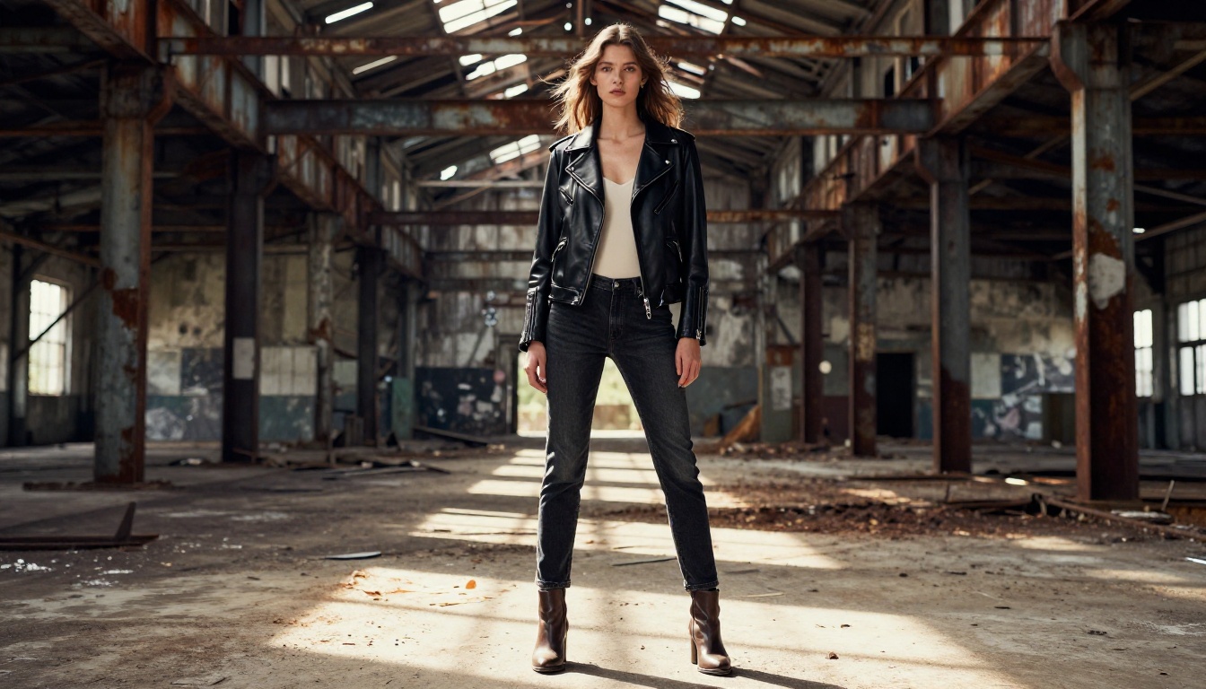 High-fashion model standing in abandoned industrial warehouse with dramatic shaft lighting High-fashion model standing in abandoned industrial warehouse with dramatic shaft lighting