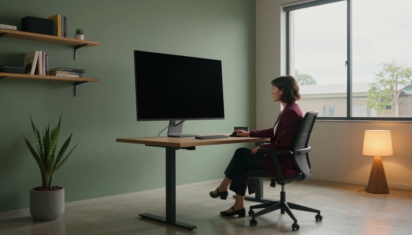 Professional woman at minimal home office desk with monitor