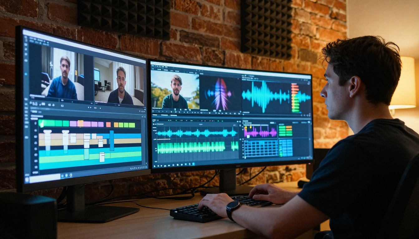 Male video editor working in professional post-production suite, large curved monitor displaying AI video timeline and auxiliary color grading panels