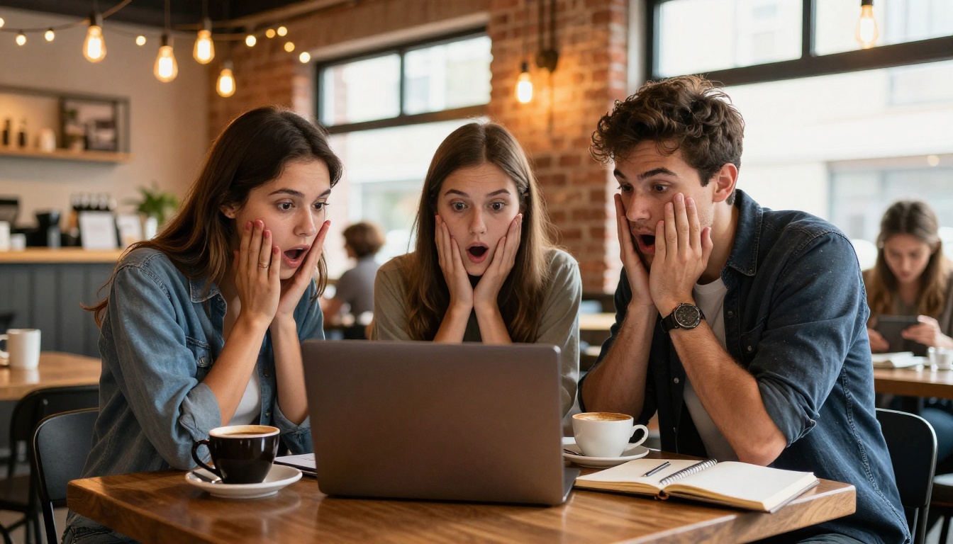 Group of young creatives excited around laptop at cafe