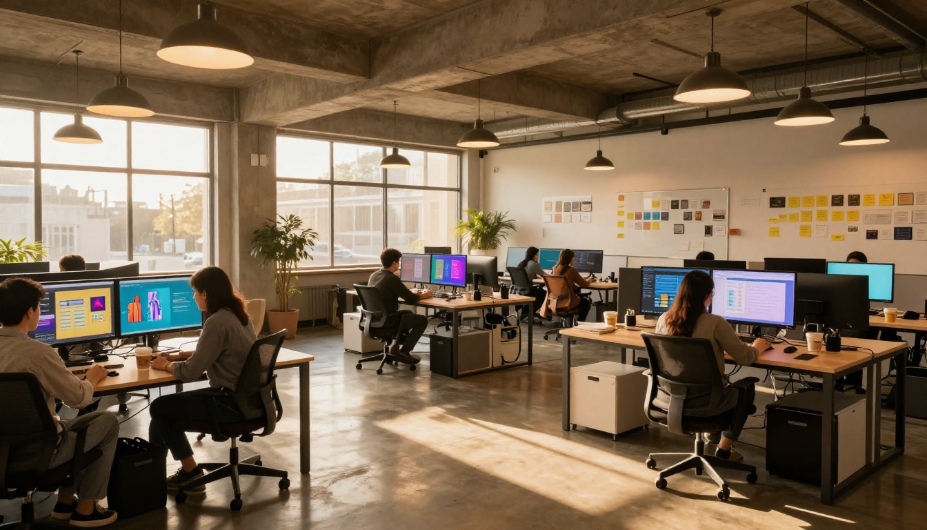 Creative professionals working freely with AI at open desks
