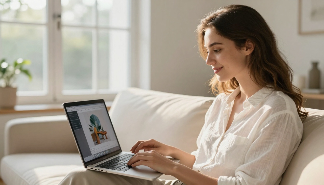 Beautiful young woman sitting comfortably on cream sofa holding laptop showing AI image generation interface, afternoon sunlight through floor-to-ceiling windows