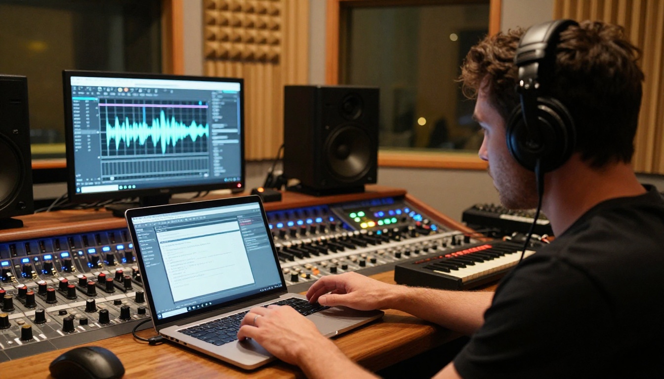 Music producer in professional recording studio surrounded by mixing boards and synthesizers, laptop screen showing AI music generation interface with waveforms
