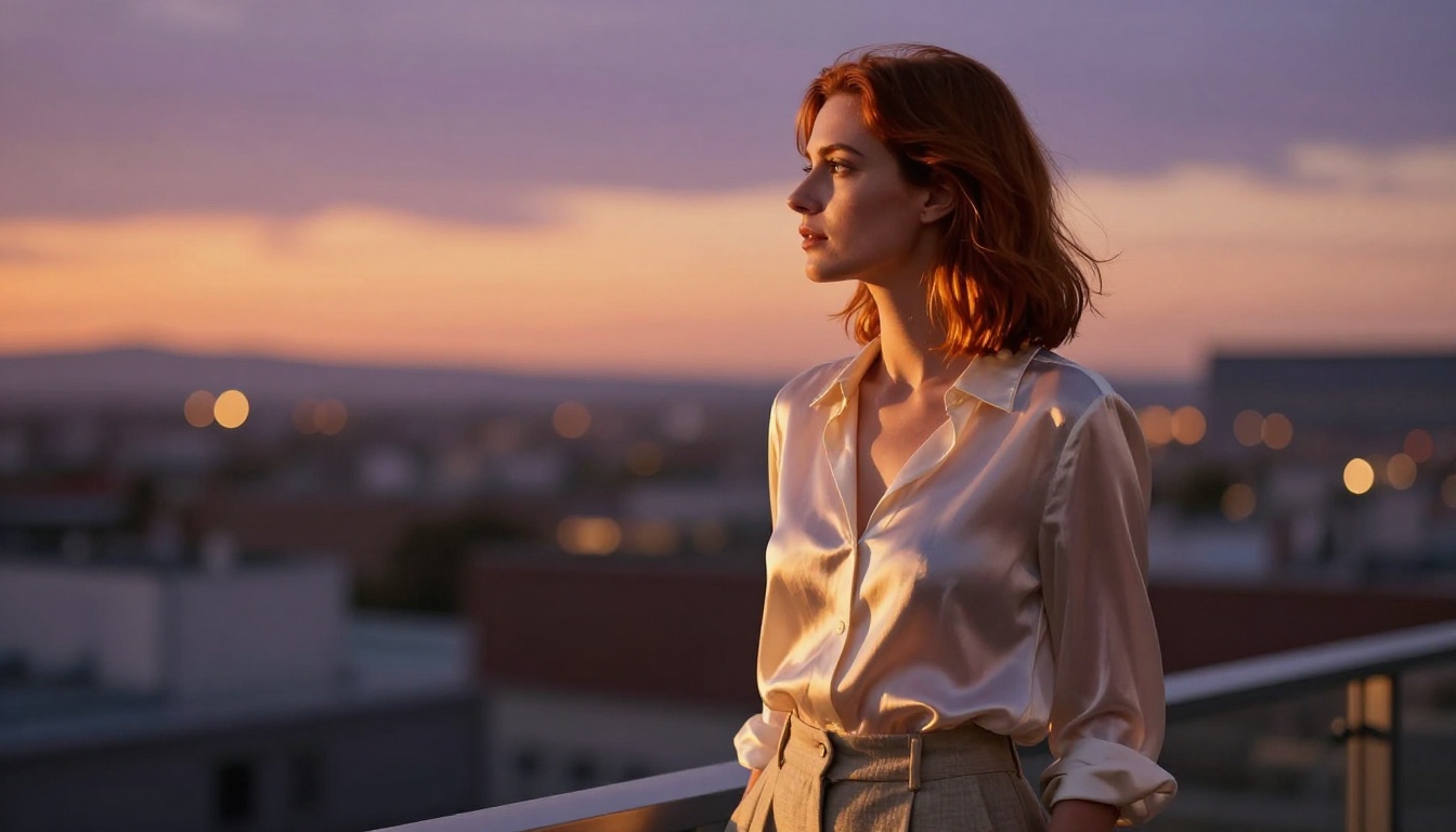 Woman with auburn hair in silk blouse photographed in profile against city lights at dusk