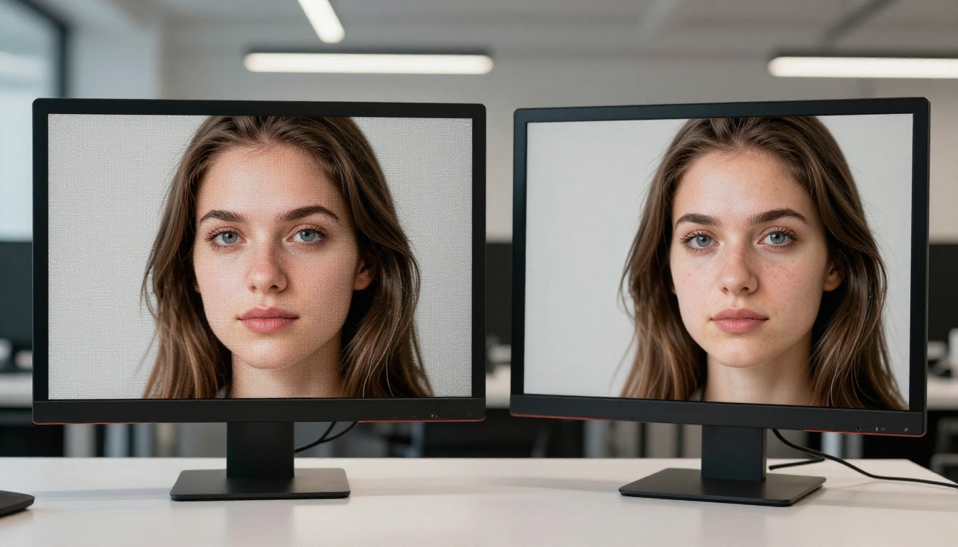 Split-screen monitor showing before and after AI super-resolution upscaling, razor-sharp detail visible on the right, pixelated image on the left