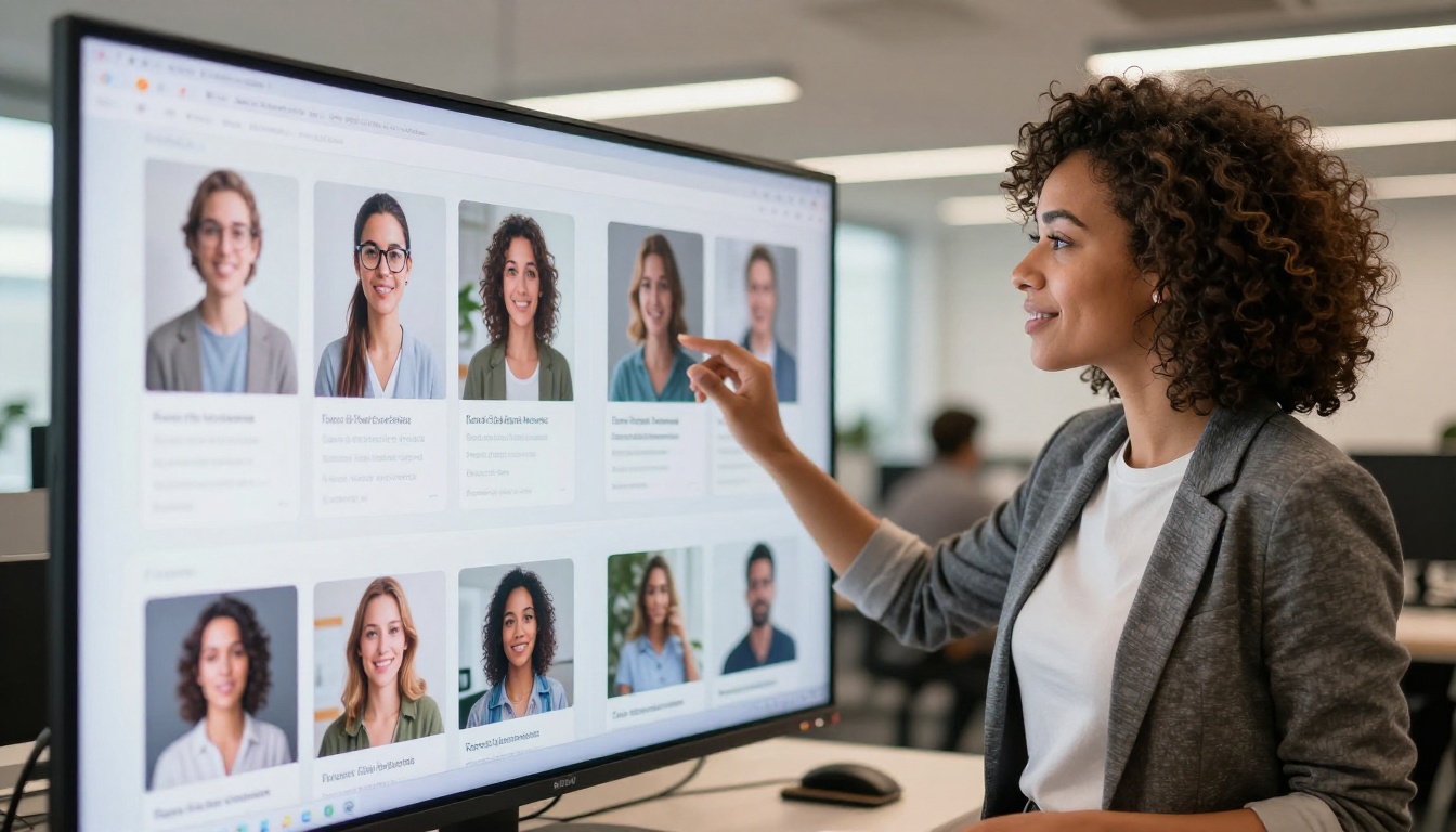 Creative entrepreneur in bright co-working space looking at AI model category cards on a large wall-mounted screen with expression of satisfaction