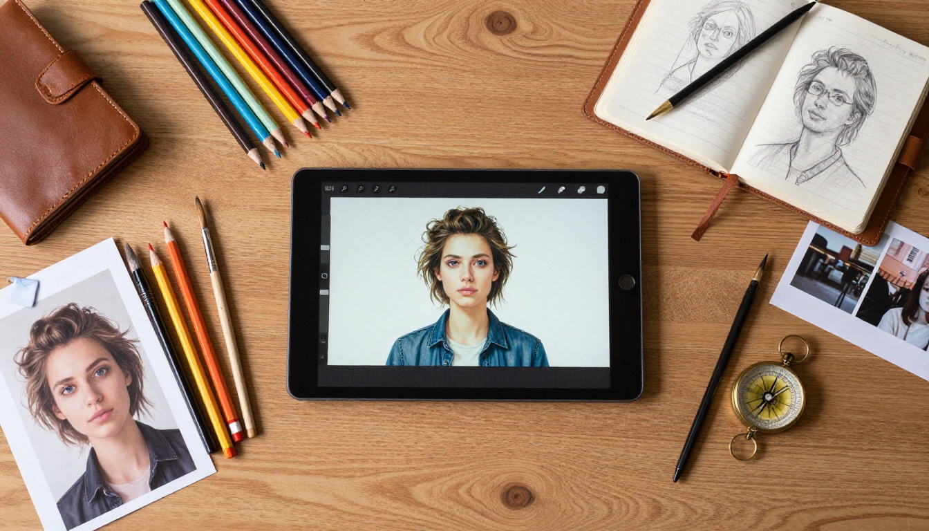 Creative workspace flat lay with drawing tablet, art supplies, and sketchbook on oak desk
