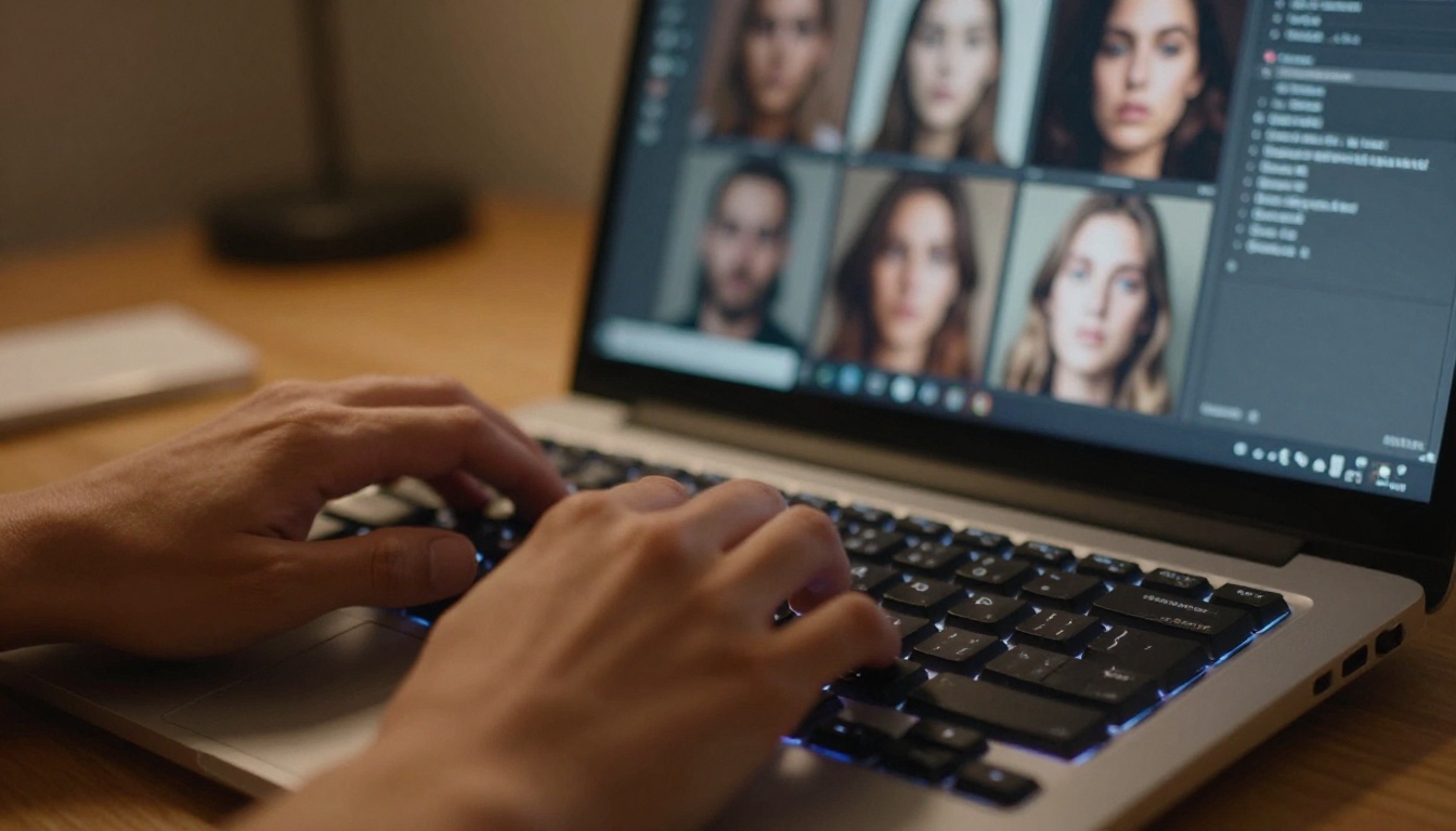 Close-up low-angle of hands typing on backlit mechanical keyboard, laptop screen in background showing AI image generation results page with photorealistic portrait grid