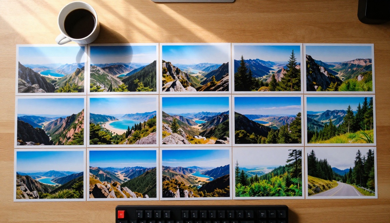 Aerial overhead view of a wooden desk with printed AI-generated photographs arranged in a grid, coffee cup and keyboard at the edges