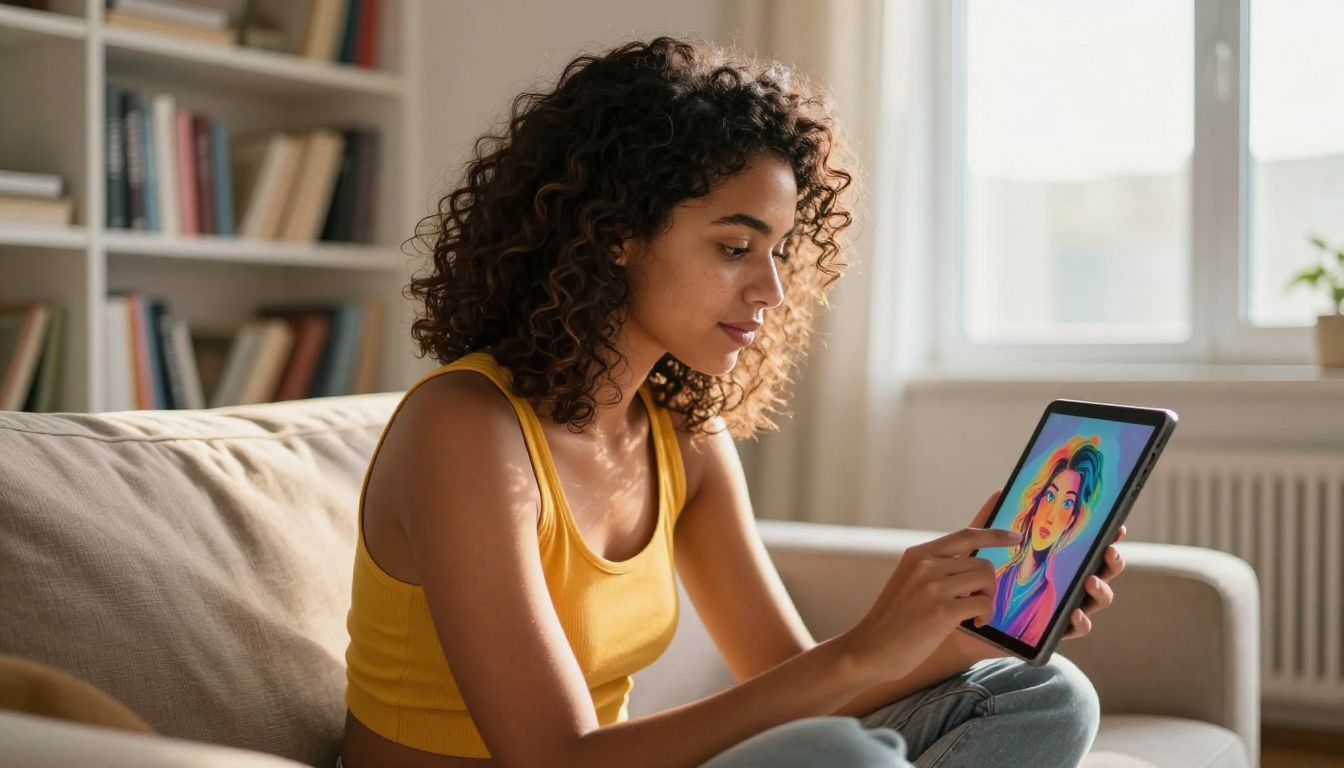 Side profile of a young woman with natural curly hair holding a tablet showing vibrant AI-generated artwork, warm afternoon light