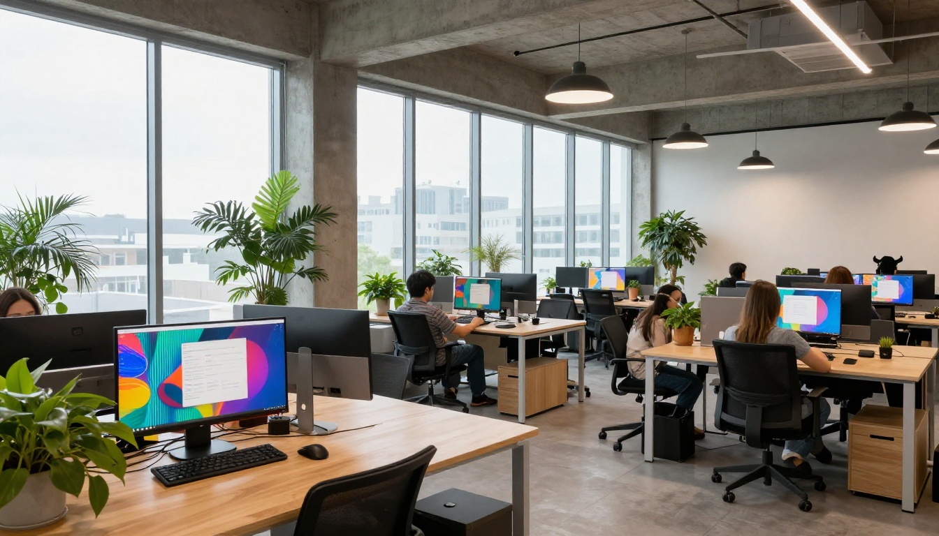 Wide angle view of a modern co-working space with multiple people creating digital art, floor-to-ceiling windows with natural daylight