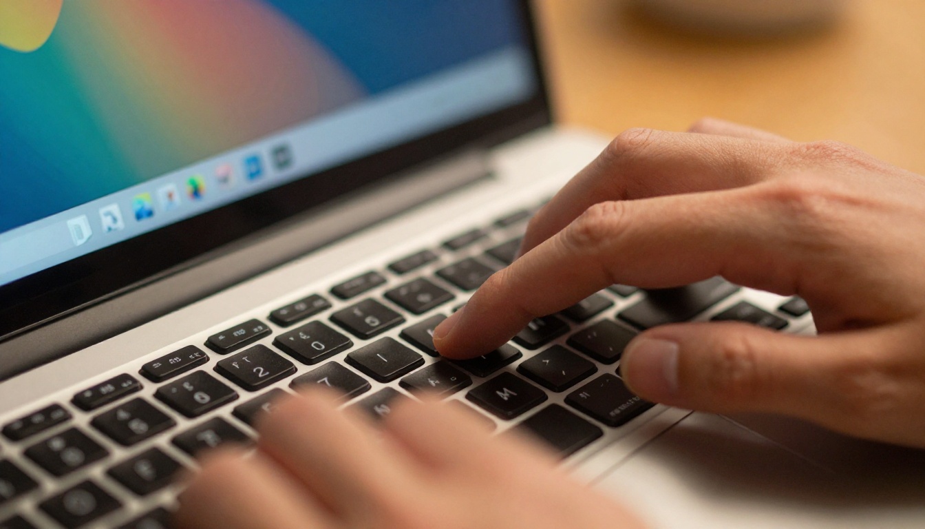 Extreme close-up of fingers hovering above a laptop keyboard, blurred image generation interface glowing on the screen behind