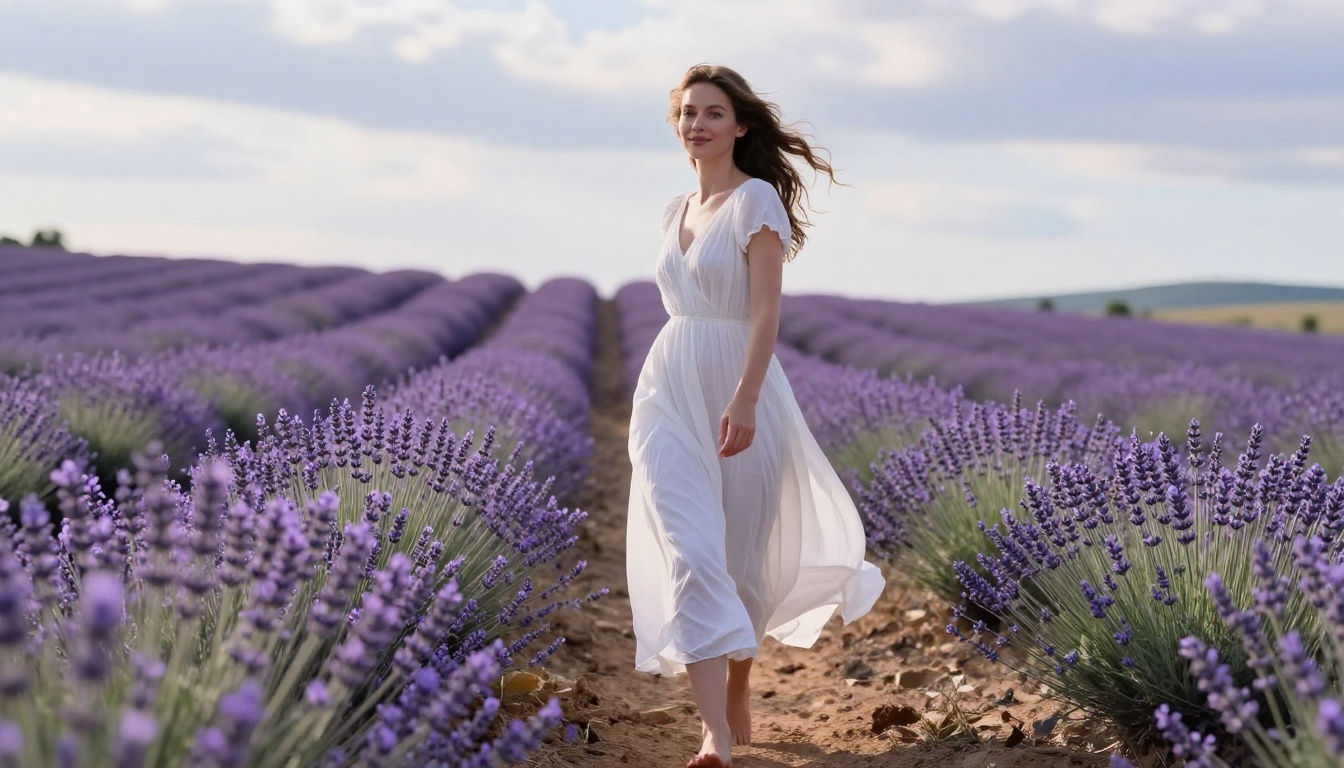 A woman in a flowing white summer dress walking through a lavender field, natural afternoon rim light from behind