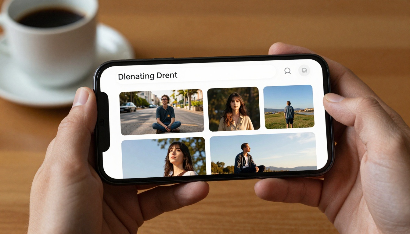 Close-up of a hand holding a smartphone showing an AI image generation app with a text prompt input and image gallery
