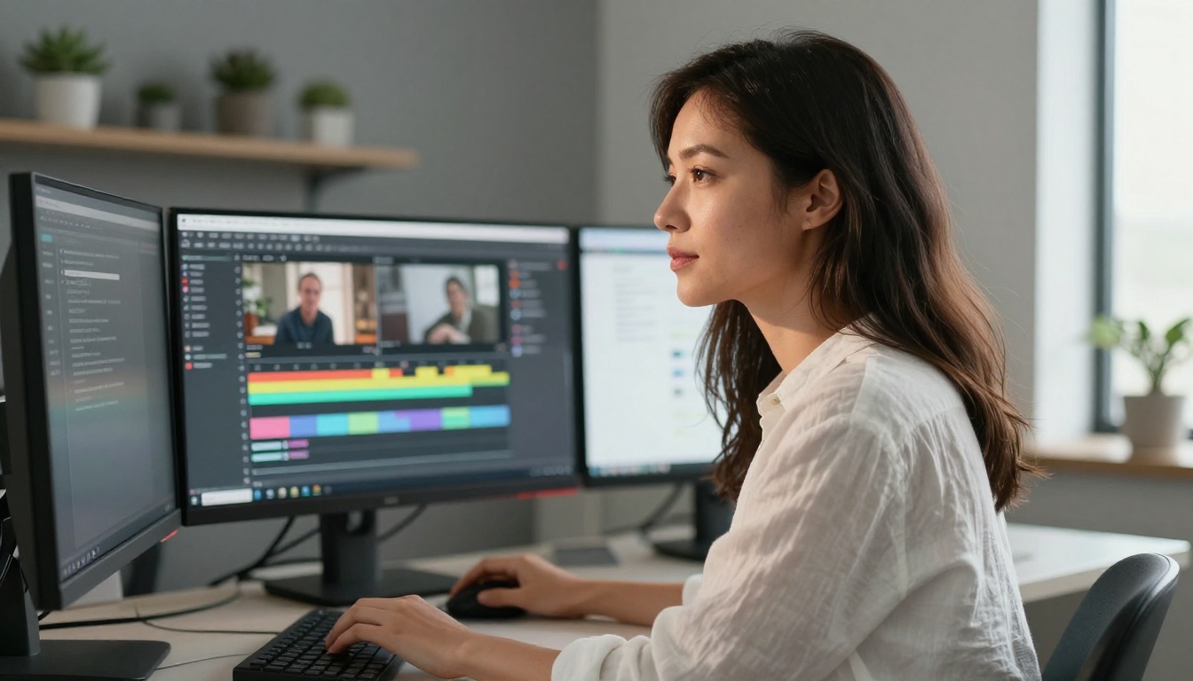 Woman working in front of two monitors showing a video editing interface Woman working in front of two monitors showing a video editing interface