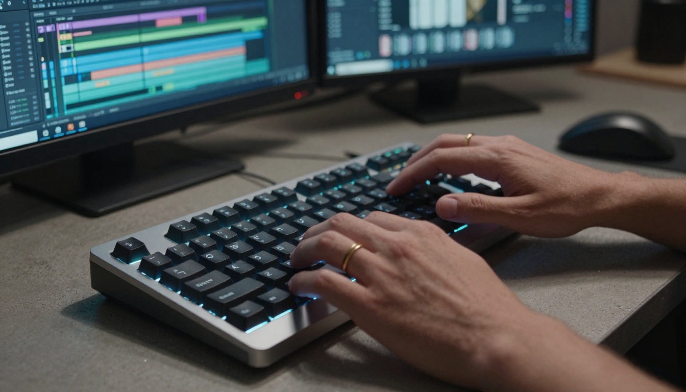 Close-up of a professional's hands on a mechanical keyboard illuminated by video editing software on dual monitors Close-up of a professional's hands on a mechanical keyboard illuminated by video editing software on dual monitors