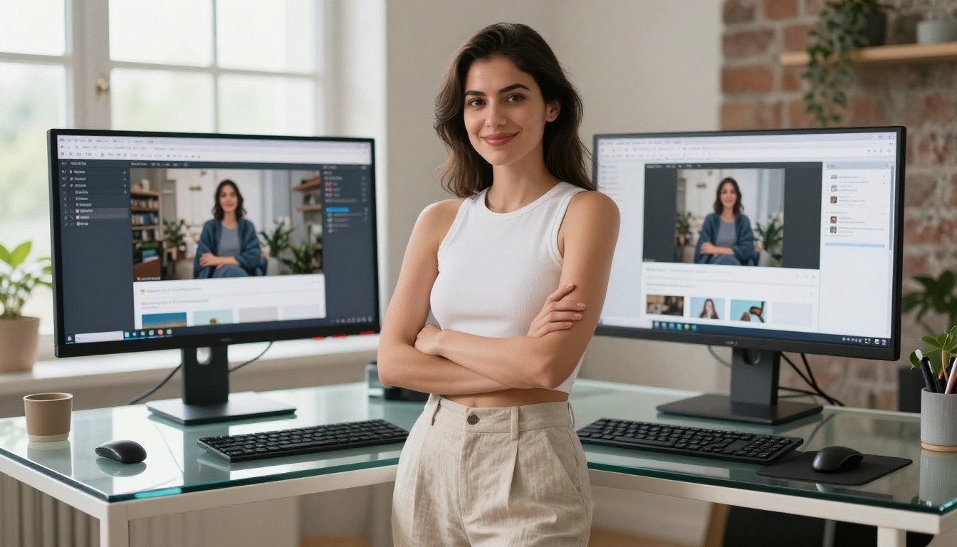 AI video creator working at a creative studio desk