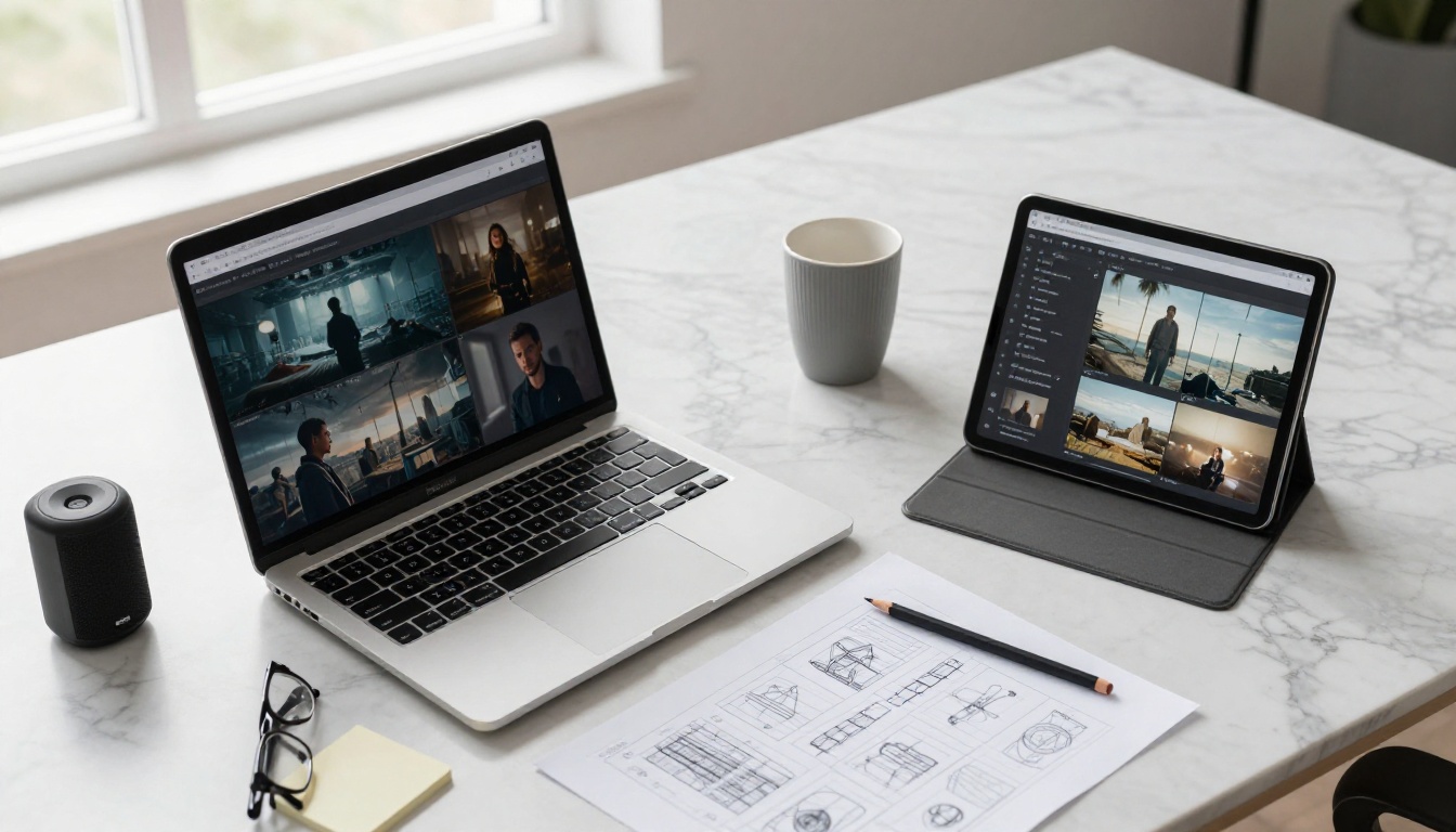 Overhead flat-lay of a creative workspace with laptop, tablet, and printed storyboards Overhead flat-lay of a creative workspace with laptop, tablet, and printed storyboards