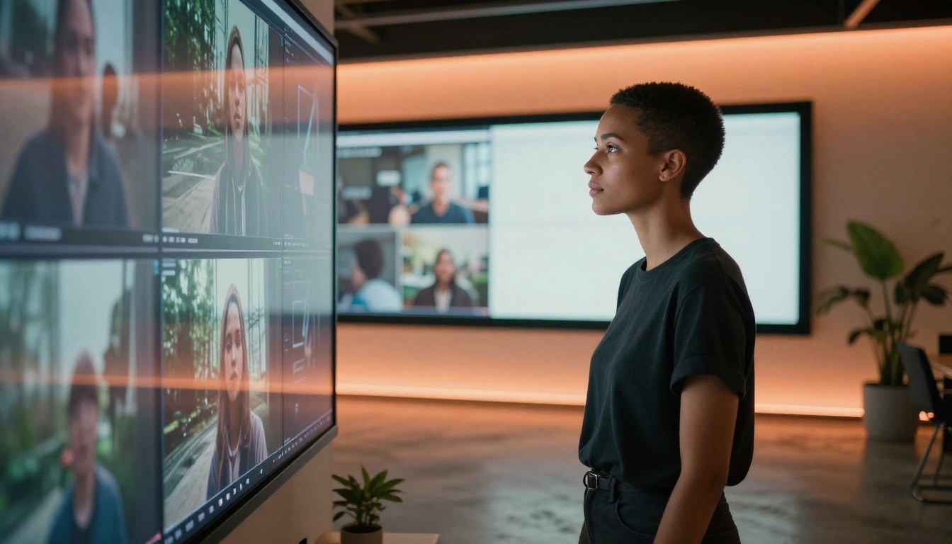 Young woman standing beside a large display showing AI video frames in a modern co-working space Young woman standing beside a large display showing AI video frames in a modern co-working space