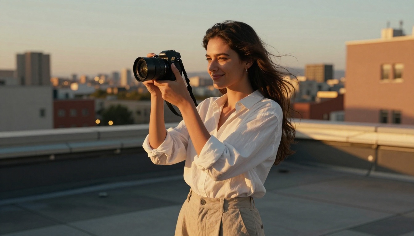 Young woman filmmaker holding a camera on a rooftop at golden hour with a city skyline glowing amber behind her Young woman filmmaker holding a camera on a rooftop at golden hour with a city skyline glowing amber behind her