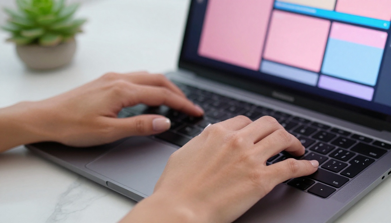 Close-up of hands typing on laptop with AI video software interface