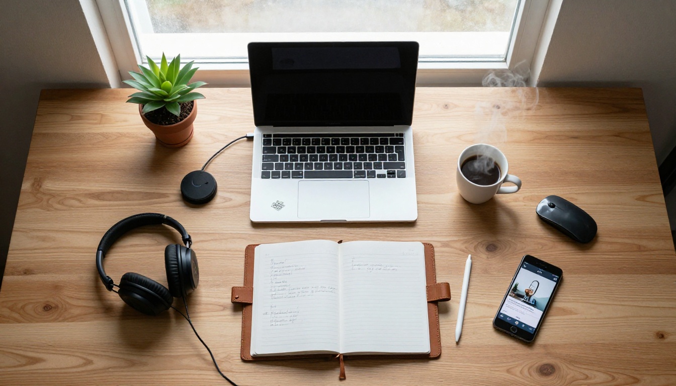 Aerial flat lay of a professional creator's desk with a laptop, headphones, notebook, coffee, and workspace tools on a light oak surface Aerial flat lay of a professional creator's desk with a laptop, headphones, notebook, coffee, and workspace tools on a light oak surface