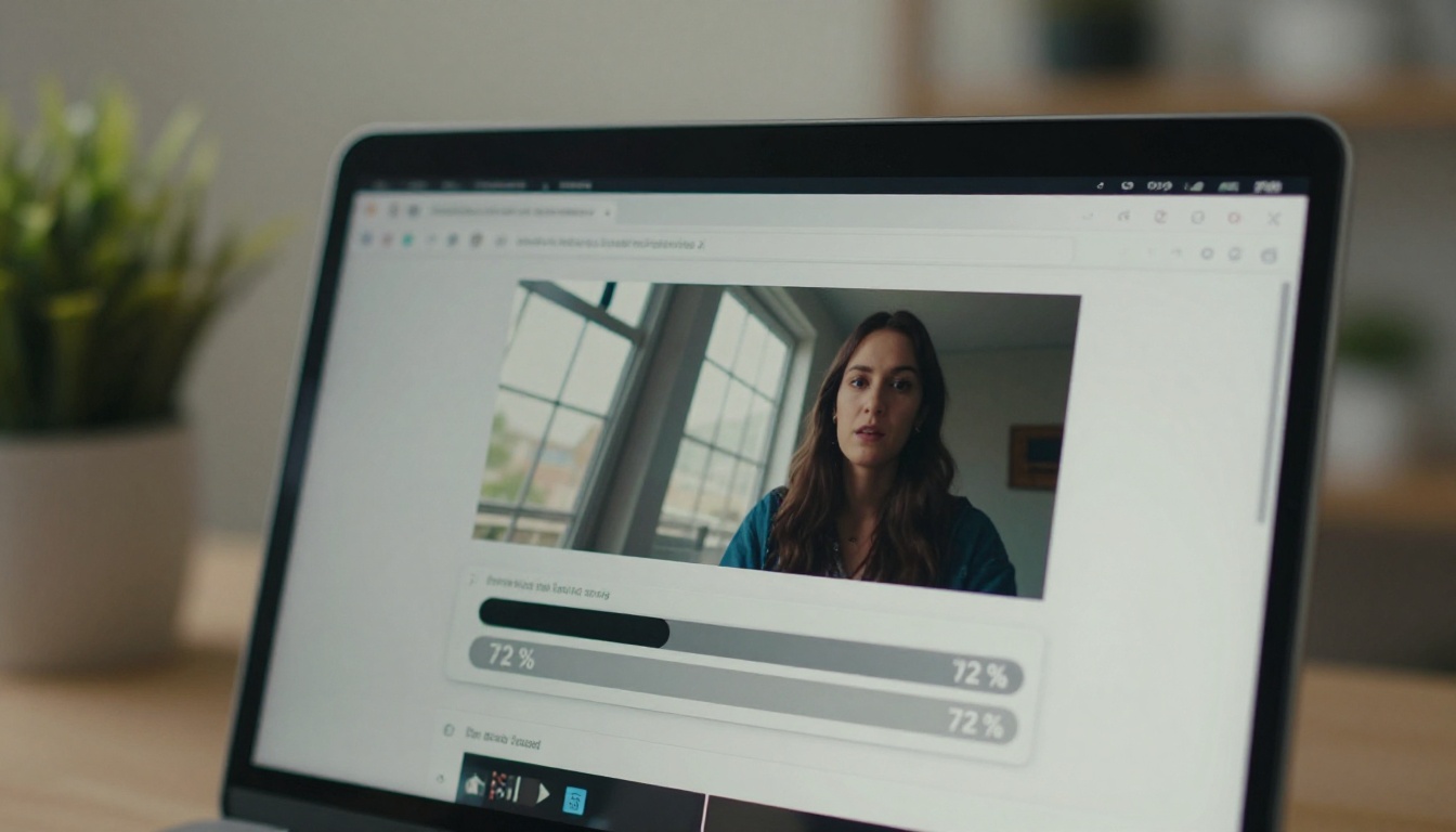 Close-up of a browser showing an AI video generation progress bar at 72 percent Close-up of a browser showing an AI video generation progress bar at 72 percent