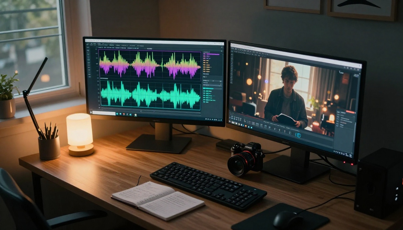 A sleek dual-monitor workstation at night showing AI video editing interfaces with warm amber desk lamp light A sleek dual-monitor workstation at night showing AI video editing interfaces with warm amber desk lamp light