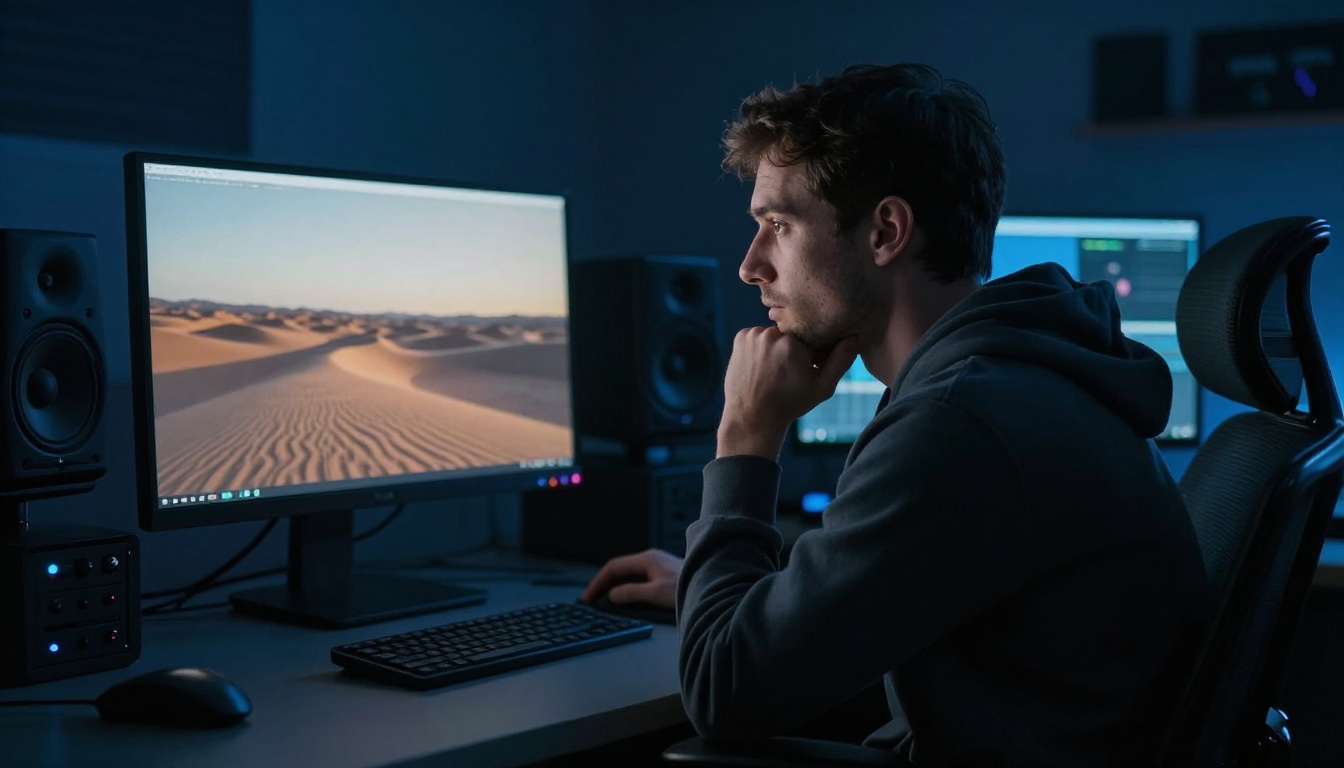 A male video editor leaning forward in a dark professional editing suite, his face lit by the glow of a large monitor showing cinematic desert footage A male video editor leaning forward in a dark professional editing suite, his face lit by the glow of a large monitor showing cinematic desert footage