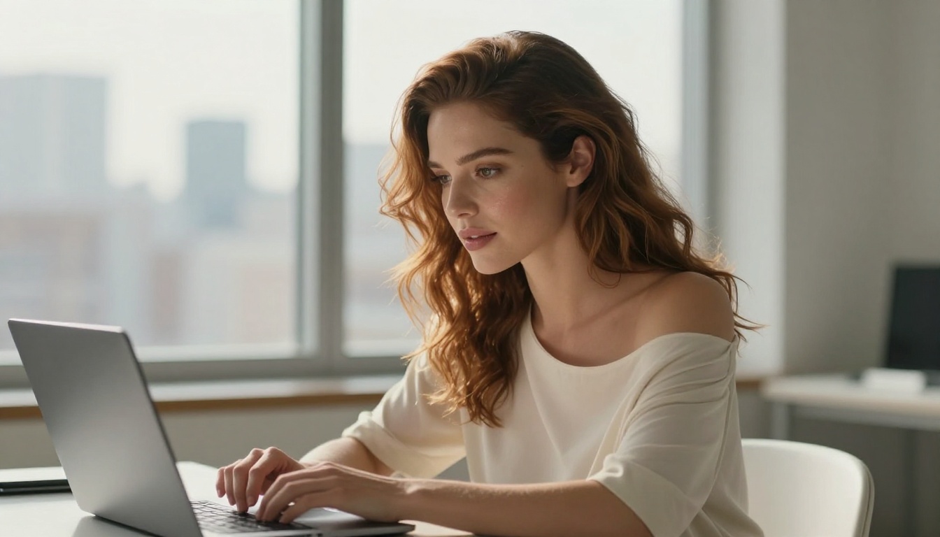 Woman working with AI creative platform at modern desk Woman working with AI creative platform at modern desk