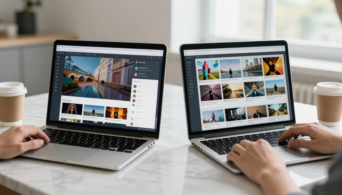 Two laptops side by side on a marble countertop in a co-working space, both showing different AI video generation interfaces Two laptops side by side on a marble countertop in a co-working space, both showing different AI video generation interfaces