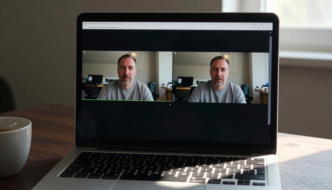Side-lit laptop screen showing a side-by-side AI video comparison with an espresso cup in the foreground