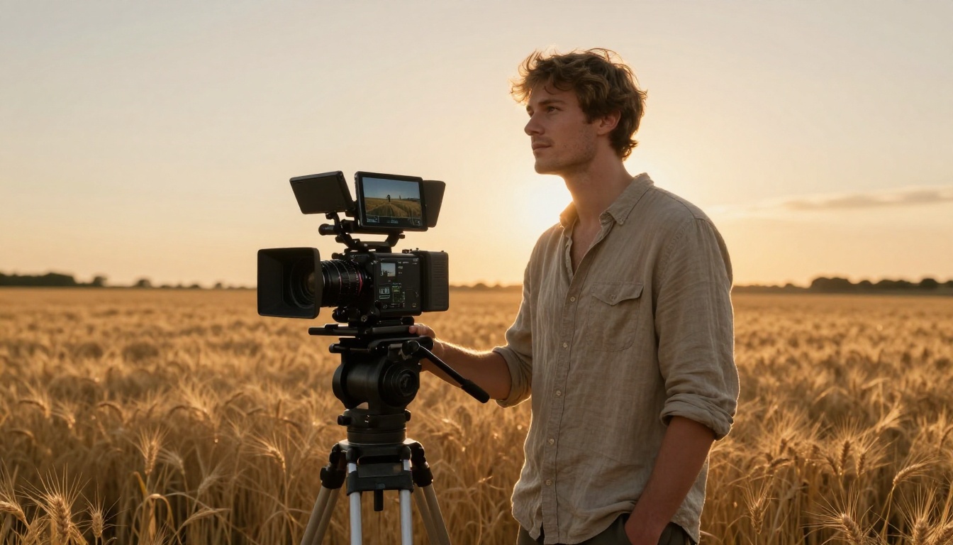 A young male filmmaker standing confidently beside a cinema camera in a golden hour wheat field holding a tablet with AI video storyboards A young male filmmaker standing confidently beside a cinema camera in a golden hour wheat field holding a tablet with AI video storyboards