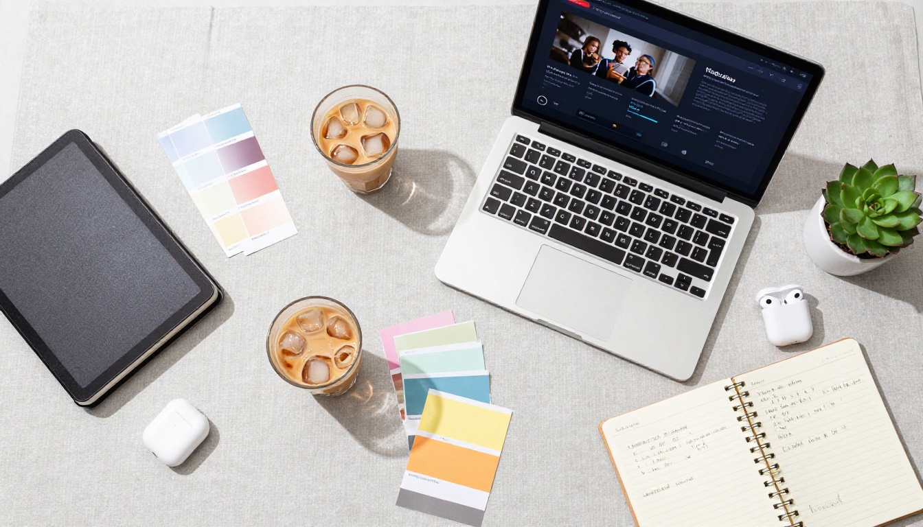 Creative workspace flat lay with laptop, AI platform comparison, notebook, and coffee