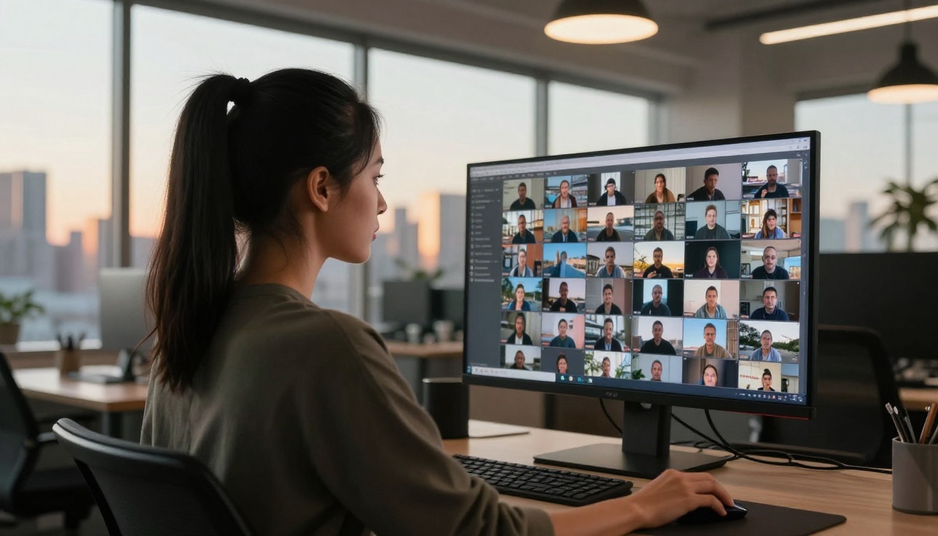 Woman with a high ponytail reviewing video thumbnails on an ultra-wide monitor at a standing desk with a city skyline behind her