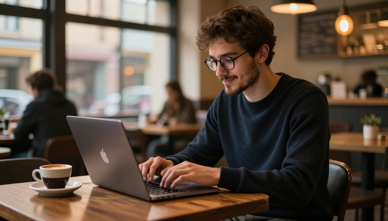 A focused young man with a beard and glasses working on a laptop in a warm coffee shop, absorbed in video editing with a ceramic espresso cup beside him