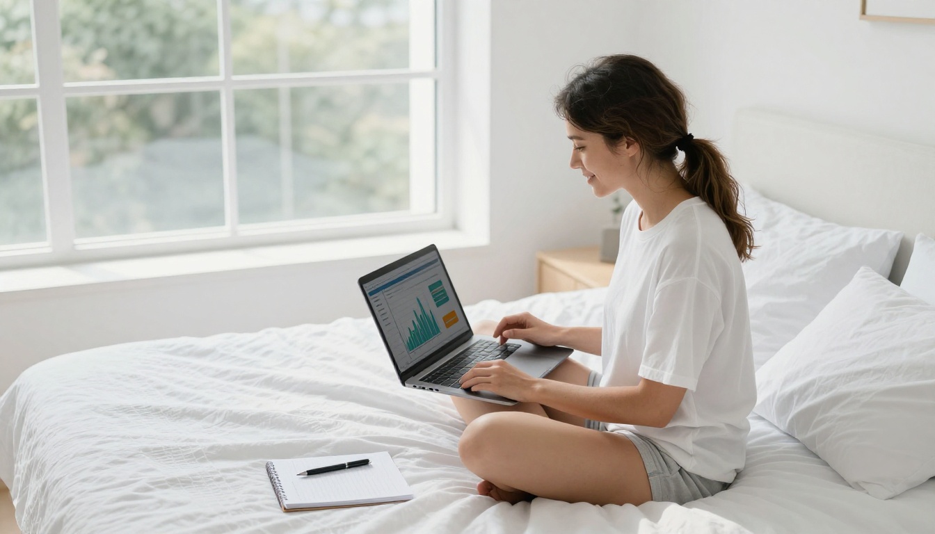 A female content creator sitting cross-legged on a bright white bed with a laptop showing analytics, morning light flooding in through floor-to-ceiling windows