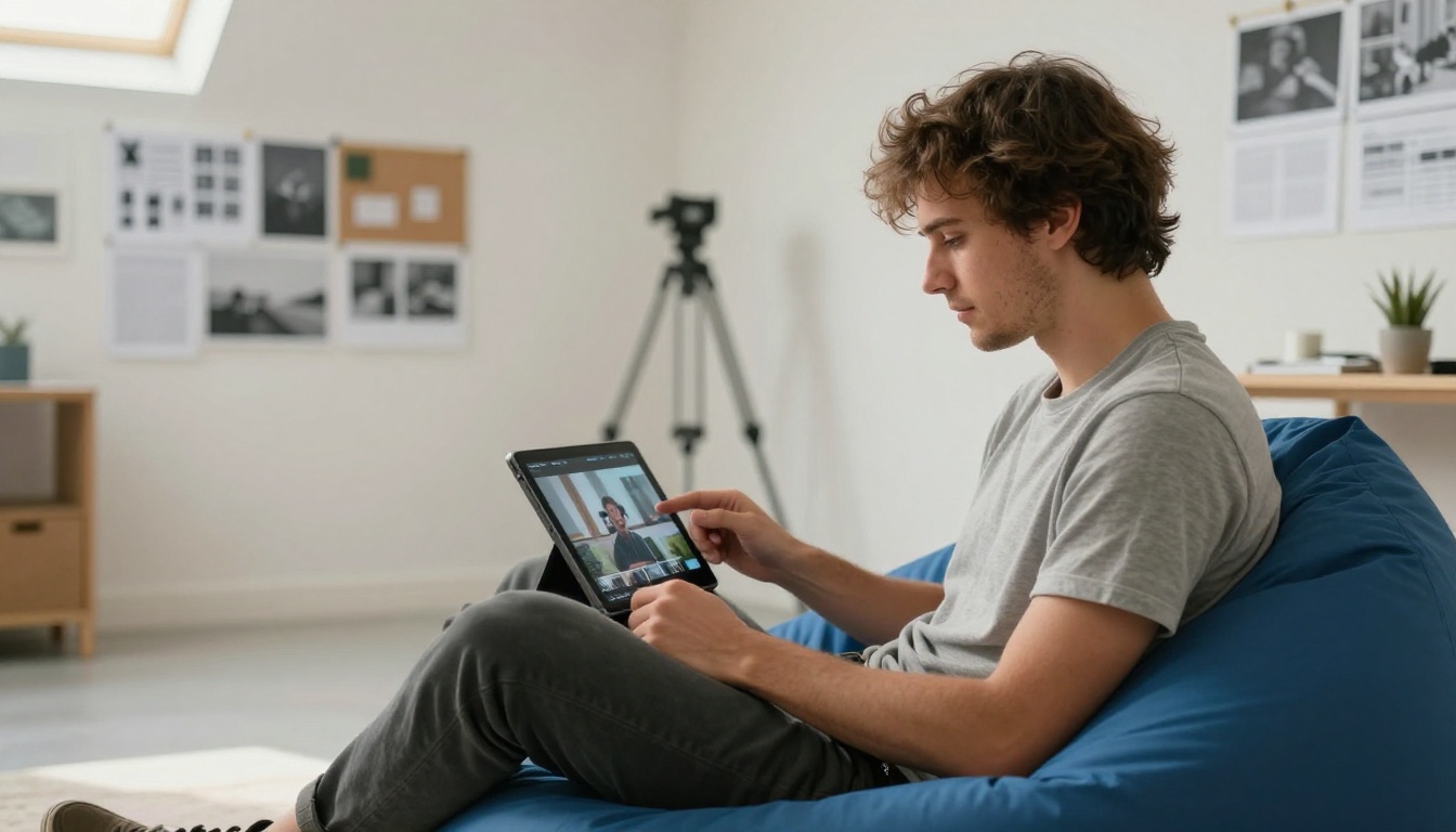 Young man reviewing an AI video clip on a tablet in a bright creative studio with mood boards on the walls