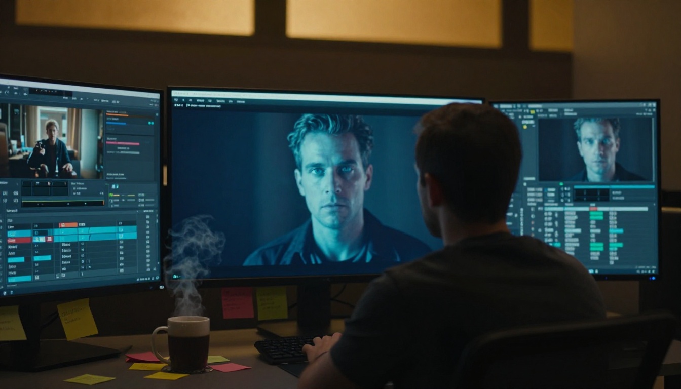 Filmmaker reviewing AI video footage in post-production suite