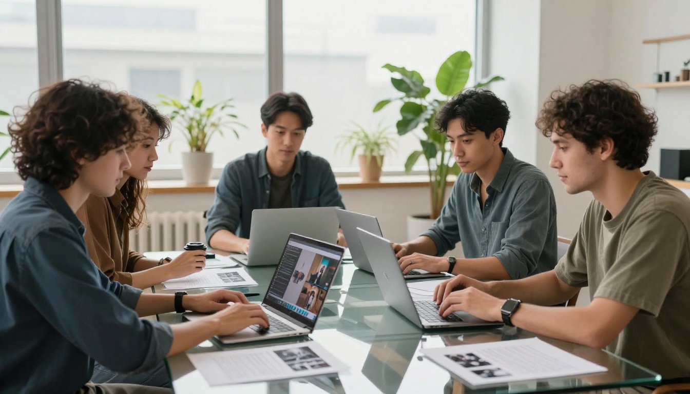 A diverse team of three creative professionals gathered around a glass conference table reviewing AI video outputs on laptops A diverse team of three creative professionals gathered around a glass conference table reviewing AI video outputs on laptops