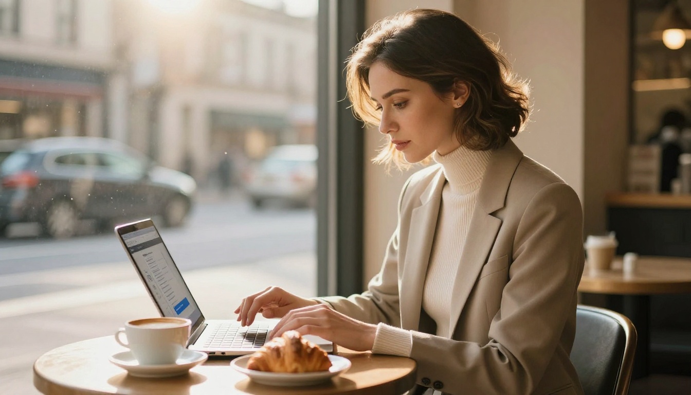Woman at laptop in cafe window, reviewing AI video platform results