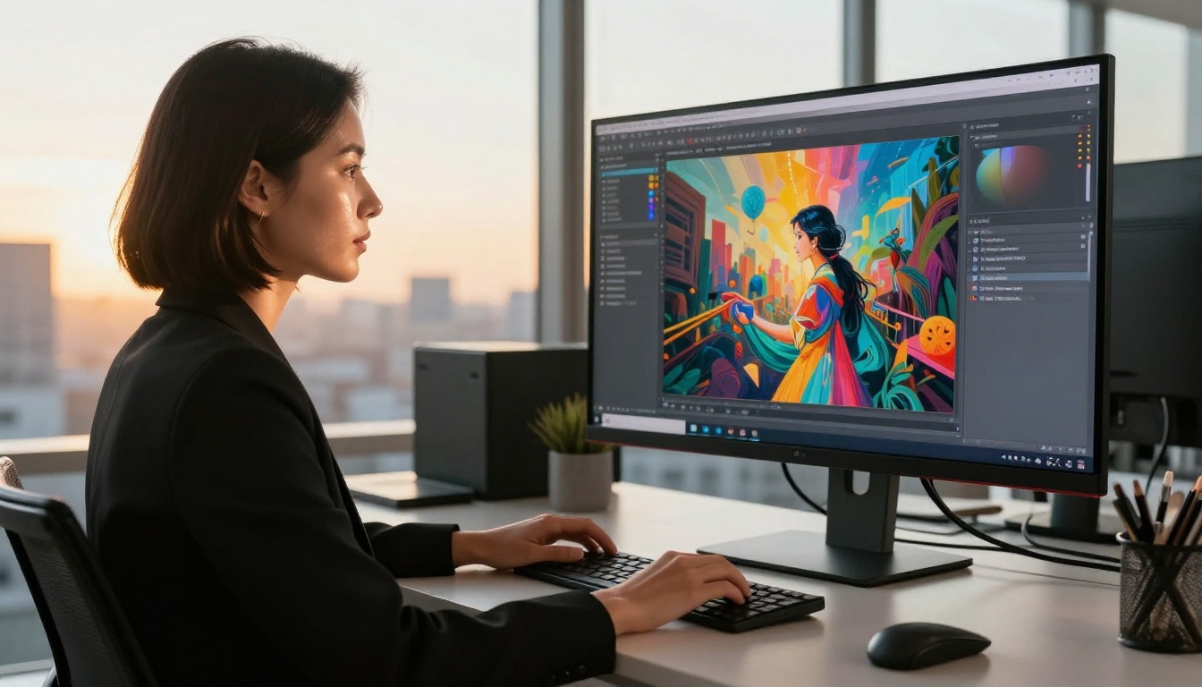 Professional creator reviewing AI-generated video in modern office Professional creator reviewing AI-generated video in modern office
