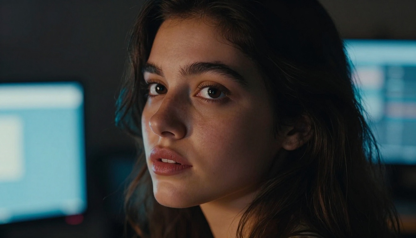 Intimate close-up portrait of a beautiful young woman's face bathed in the soft multicolored glow of several computer monitors in a dark creative studio