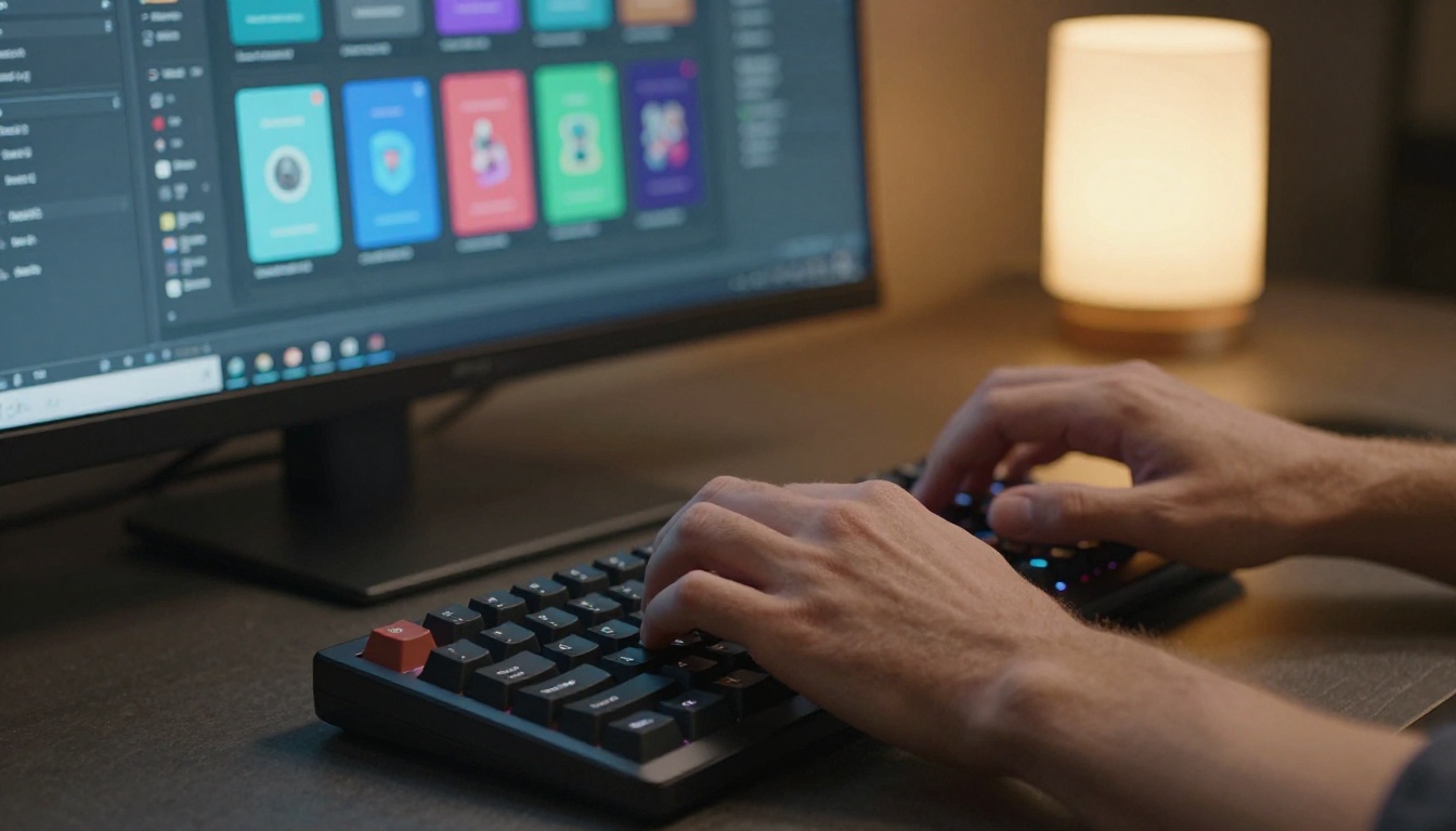 Creative professional typing at keyboard with AI platform comparison on monitor