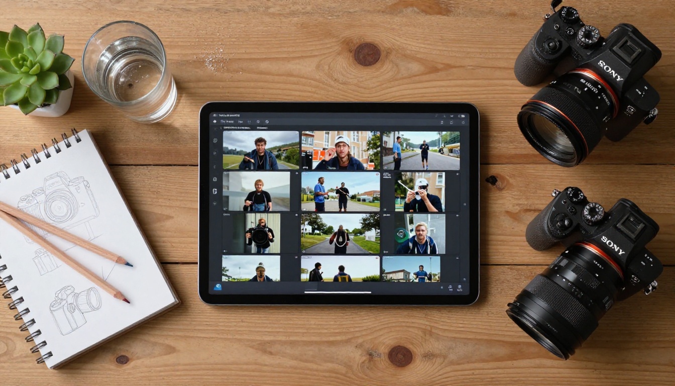 Aerial overhead view of a creative workspace desk with AI video storyboard tablet, sketchbook, and color pencils on wood grain surface Aerial overhead view of a creative workspace desk with AI video storyboard tablet, sketchbook, and color pencils on wood grain surface