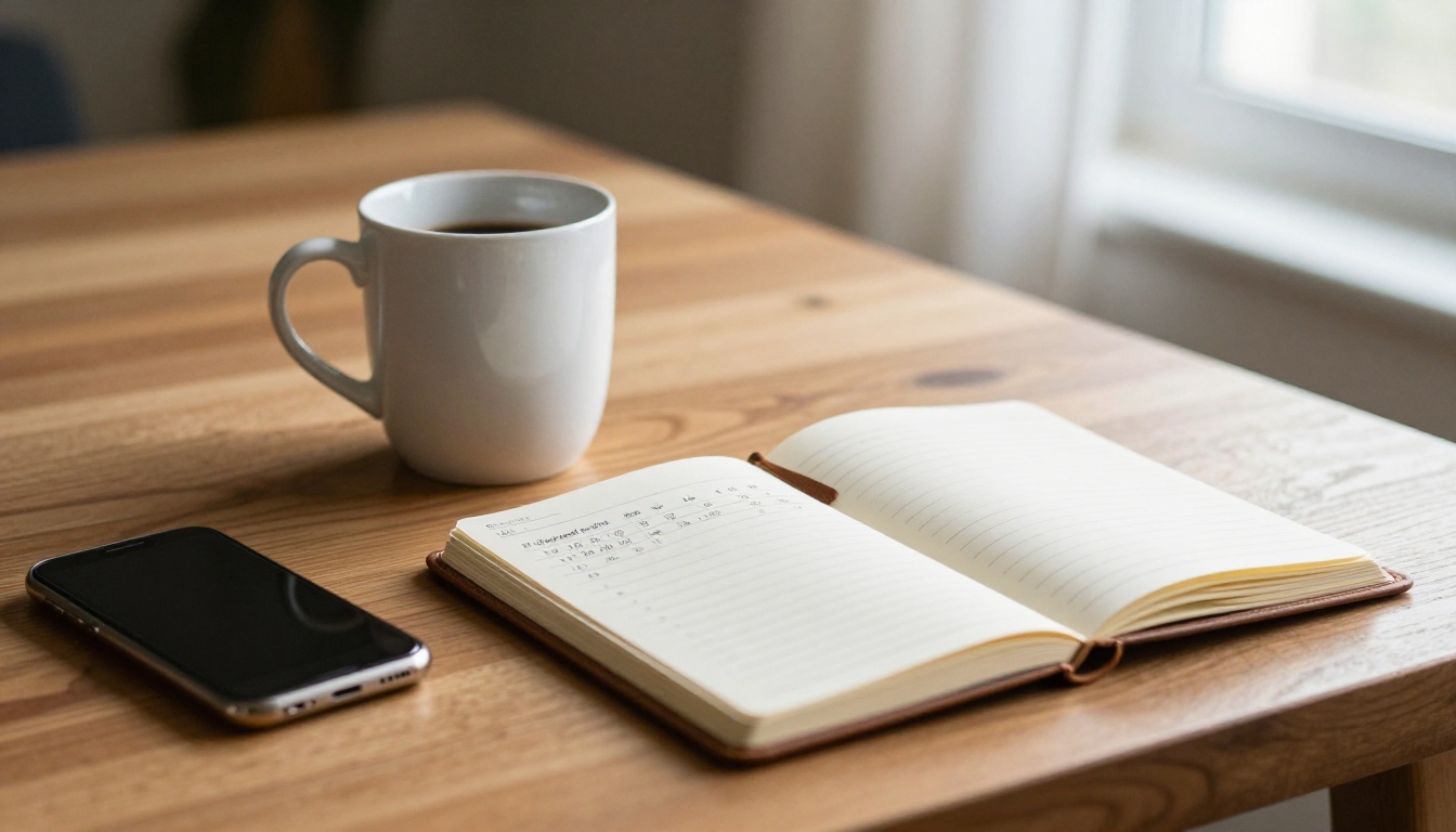 Desk with notebook showing handwritten budget calculations and coffee mug Desk with notebook showing handwritten budget calculations and coffee mug