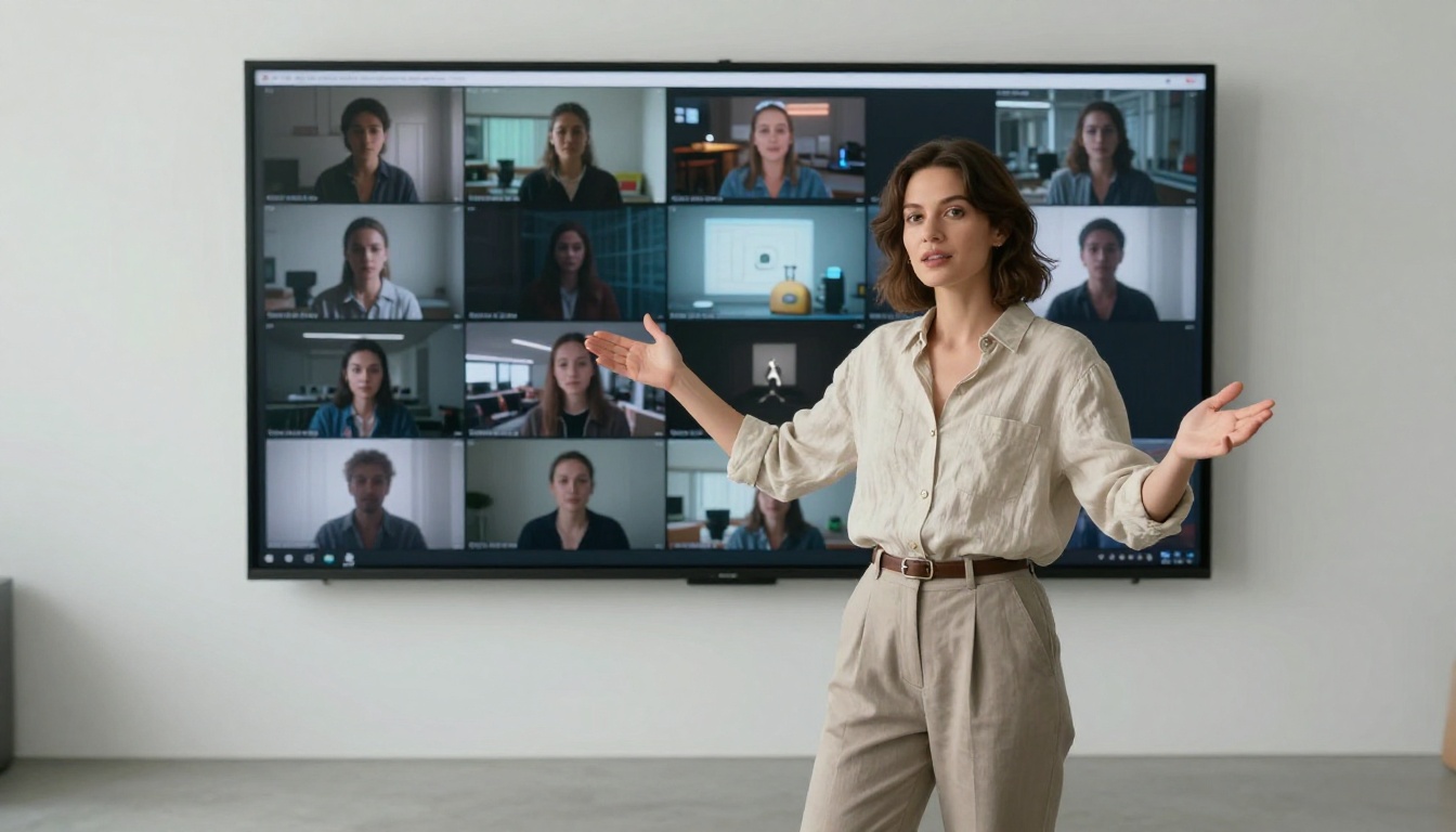 Woman presenting AI-generated video results on large wall monitor