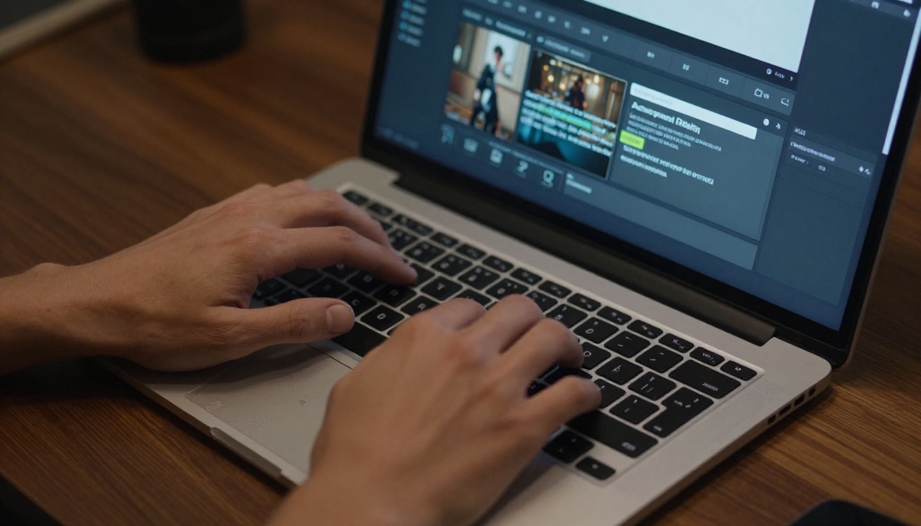 Hands typing a detailed prompt into an AI video generator