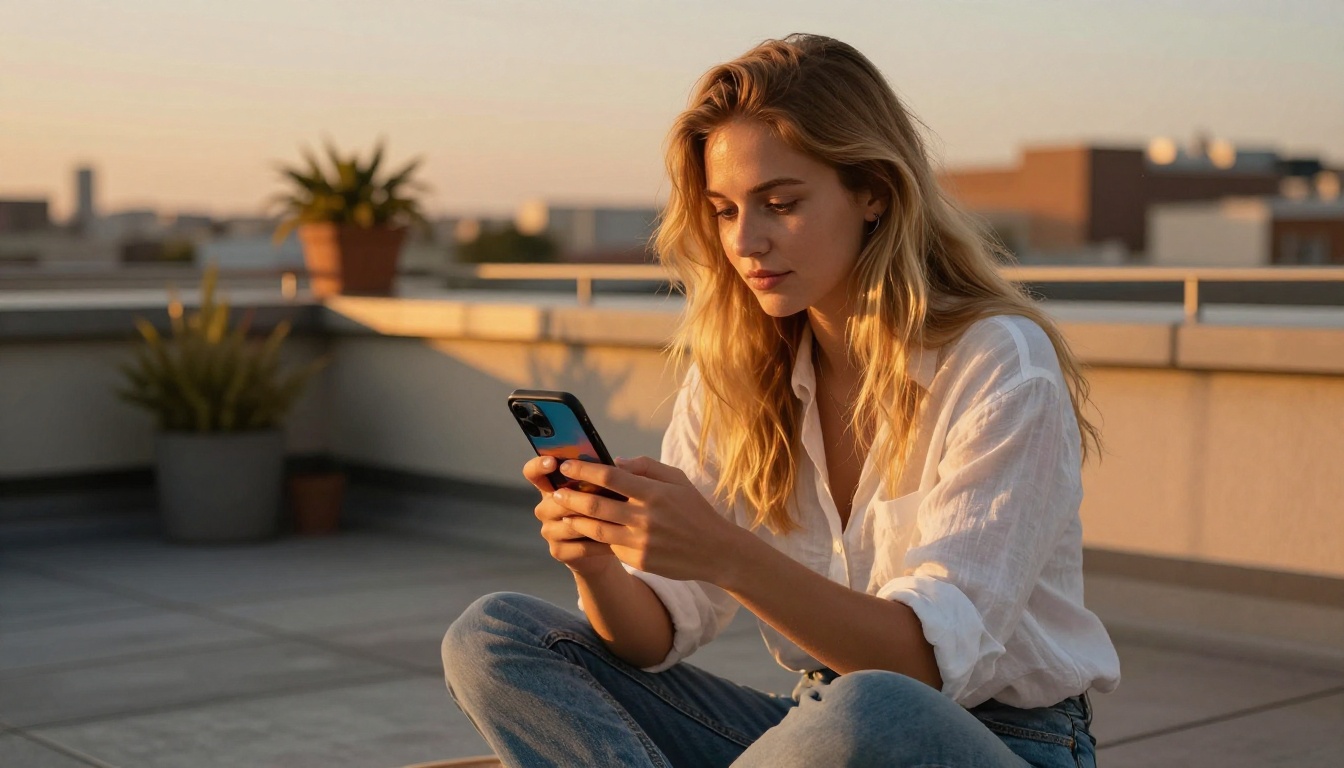 Woman on rooftop reviewing AI-generated image on phone at sunset Woman on rooftop reviewing AI-generated image on phone at sunset
