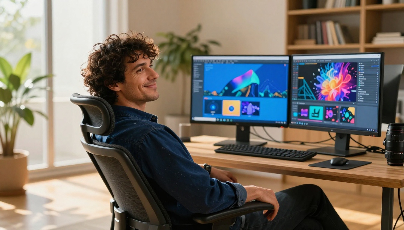 Creative professional man leaning back satisfied at dual monitor workstation